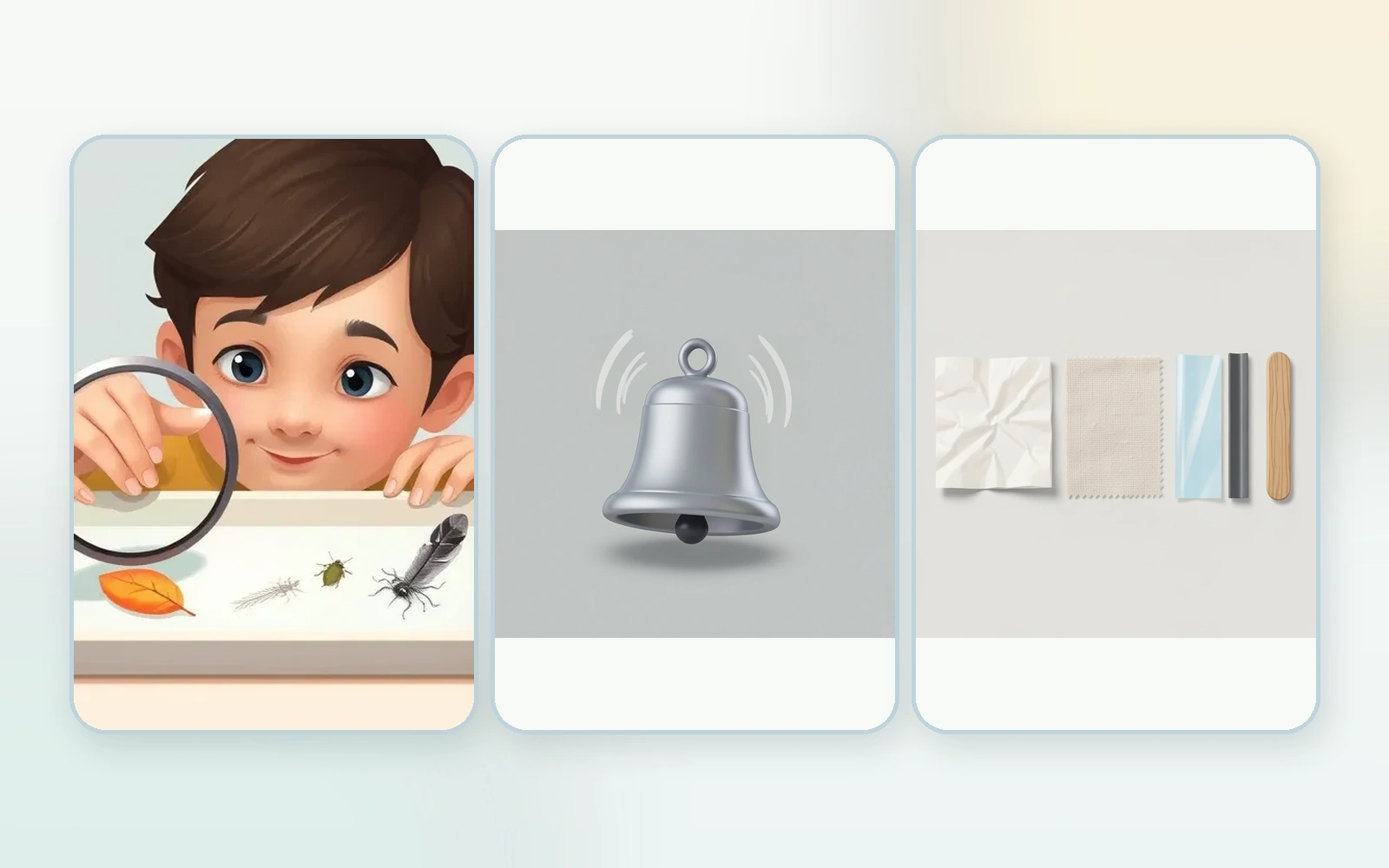 A polished three-part science scene shows sight observation, a ringing bell for hearing, and safe texture materials for touch.