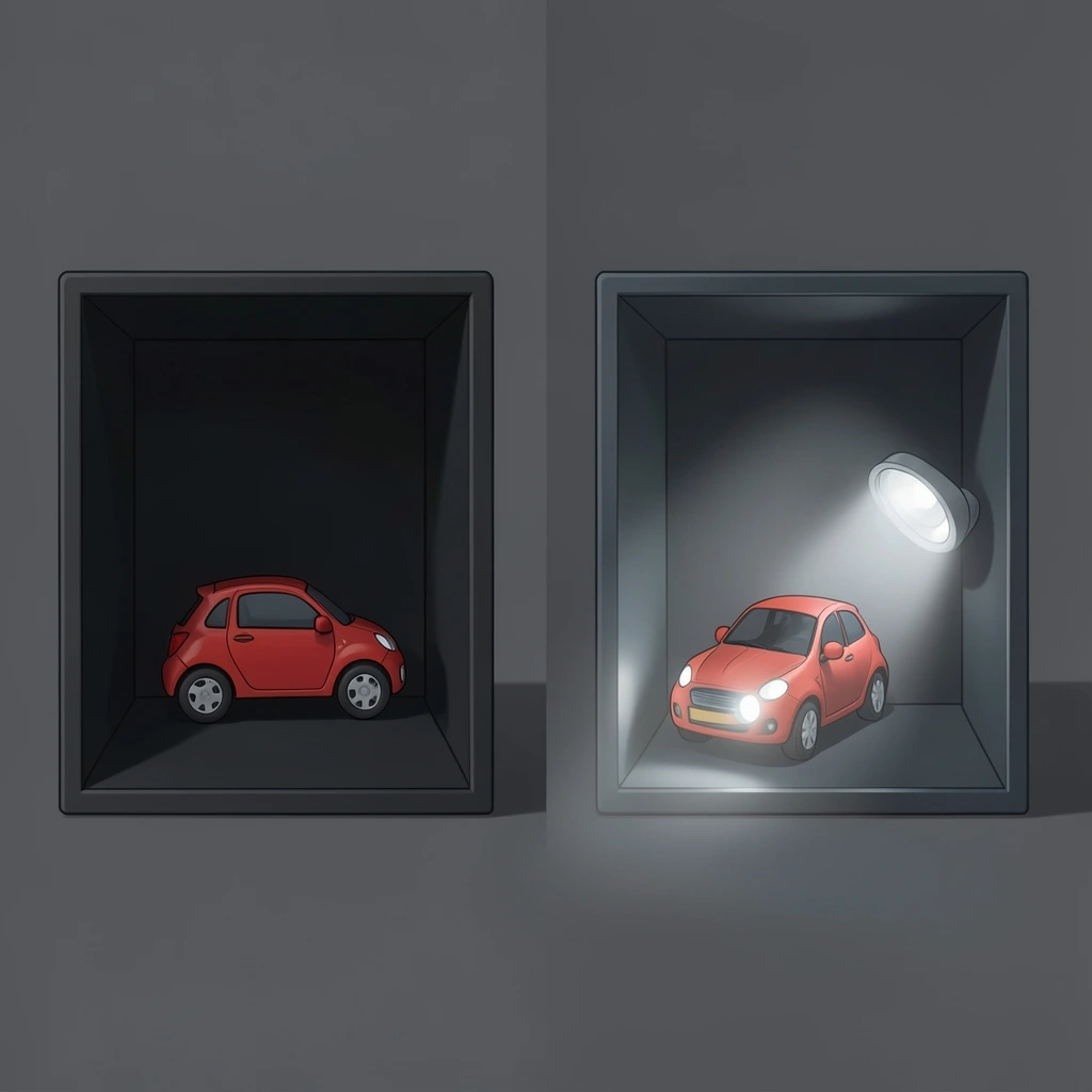 The same toy in the same box, first without usable light and then illuminated by a flashlight