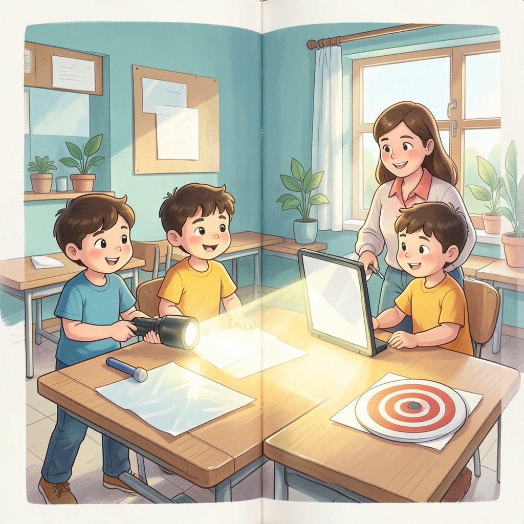 A first-grade classroom investigation compares how clear plastic, wax paper, cardboard, and a safe mirror change the same flashlight beam.