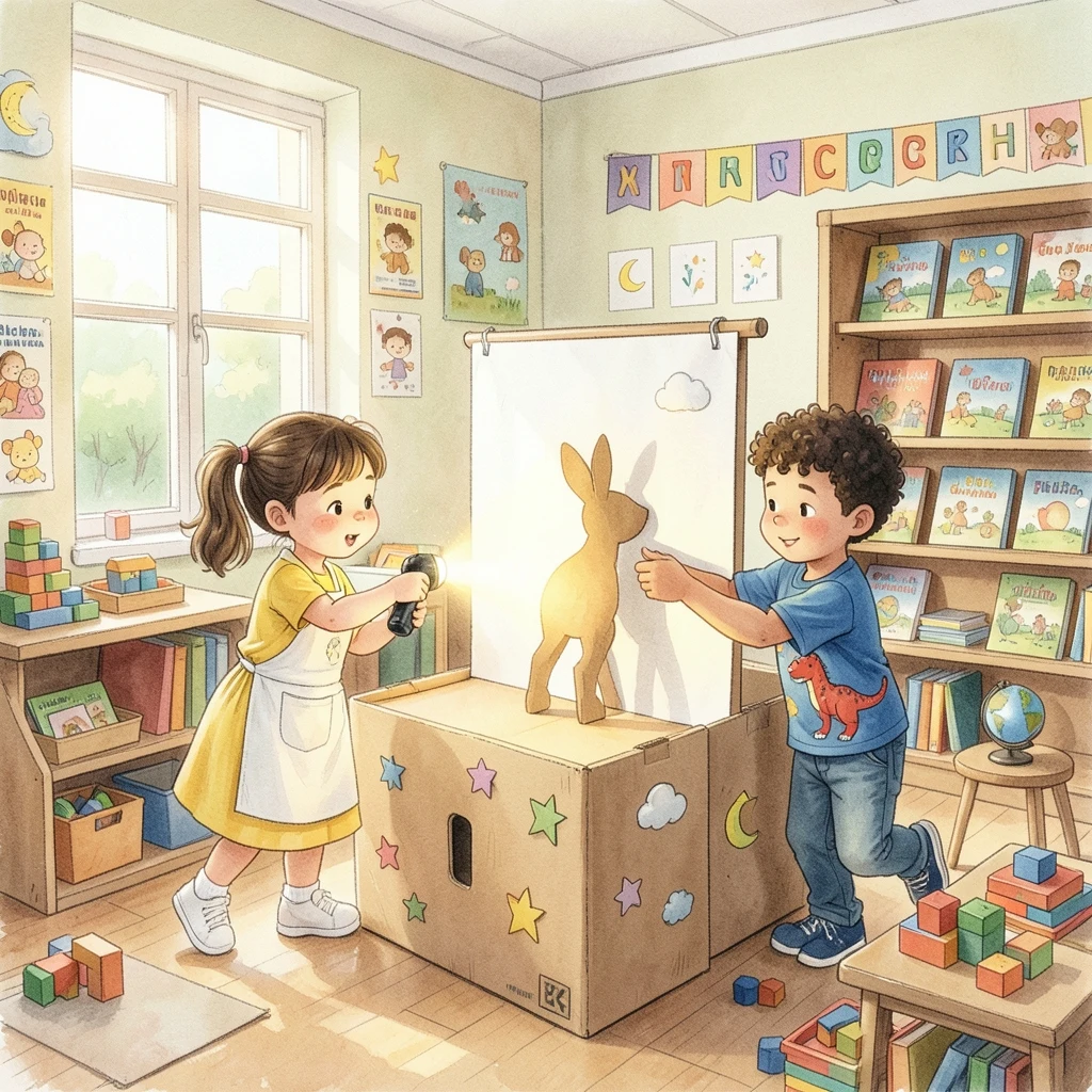 Children exploring a rabbit shadow puppet theater in class