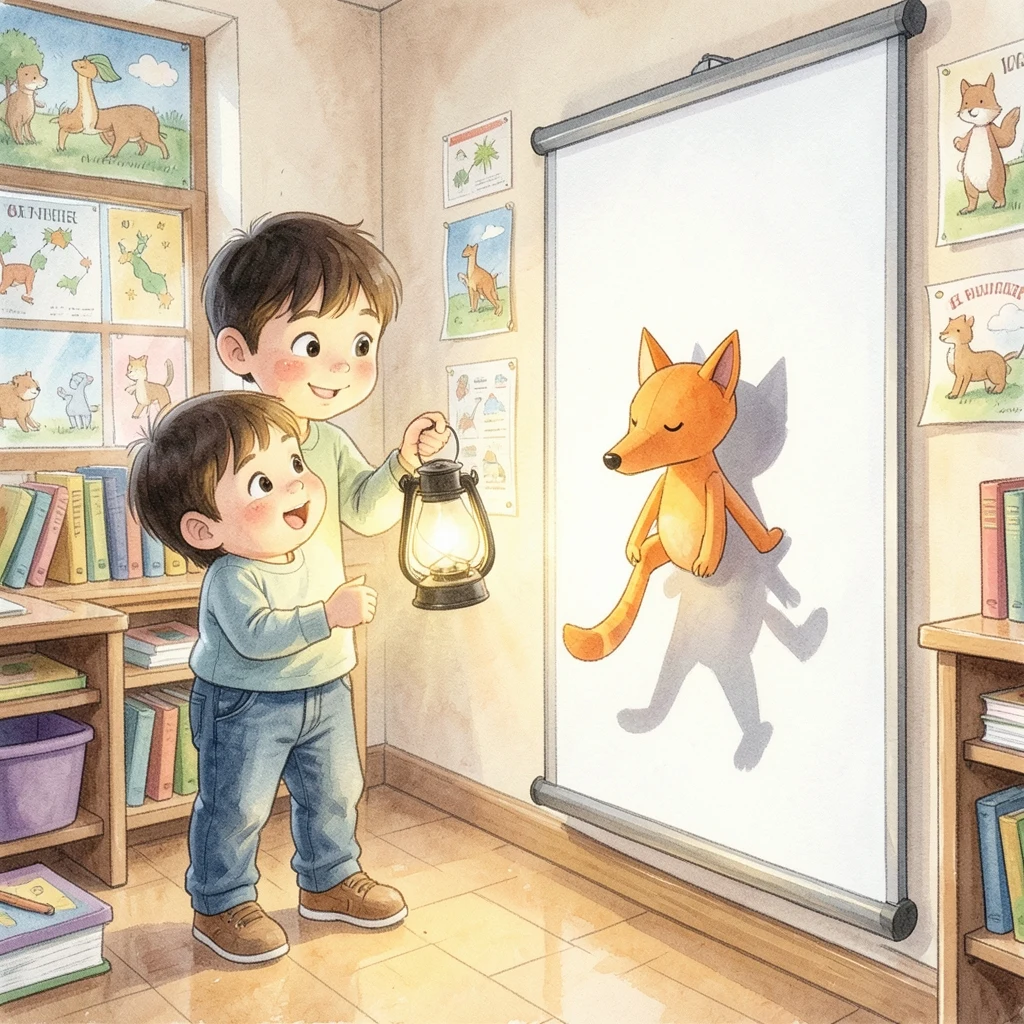 Child and teacher investigating a fox puppet shadow on a screen