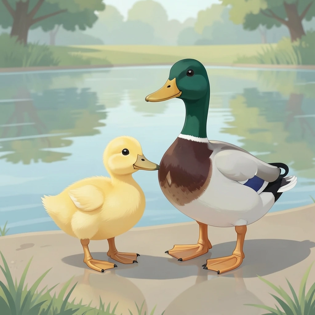 A duckling beside an adult duck, showing shared traits and a size difference