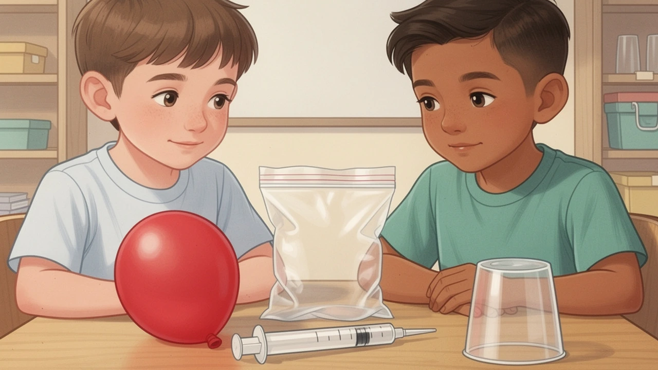 Grade 2 students investigating air with classroom science materials