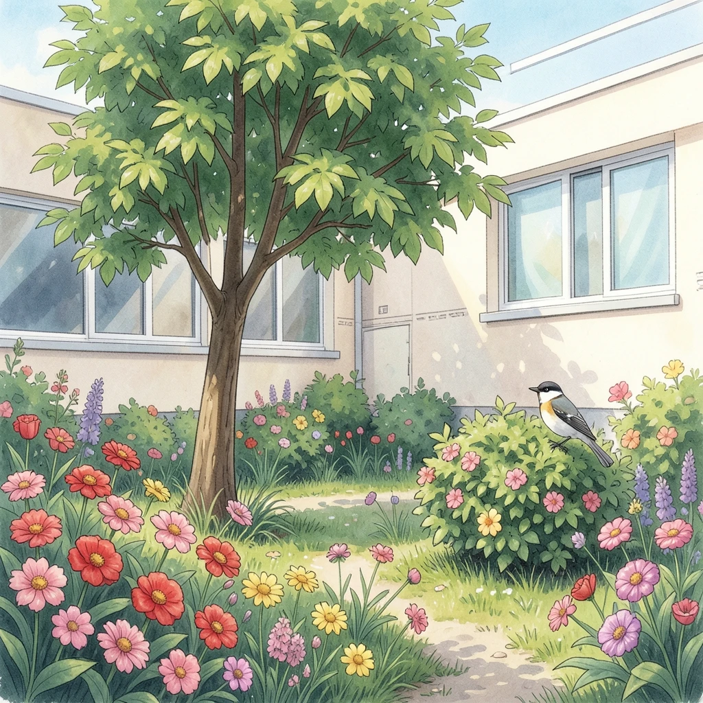 Illustrated bird-friendly schoolyard with native plants and small birds