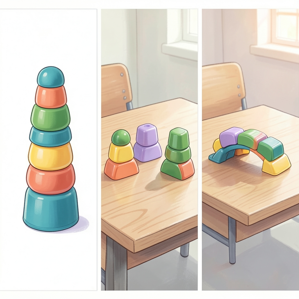 The same reusable pieces shown as a tower, separated pieces, and a bridge
