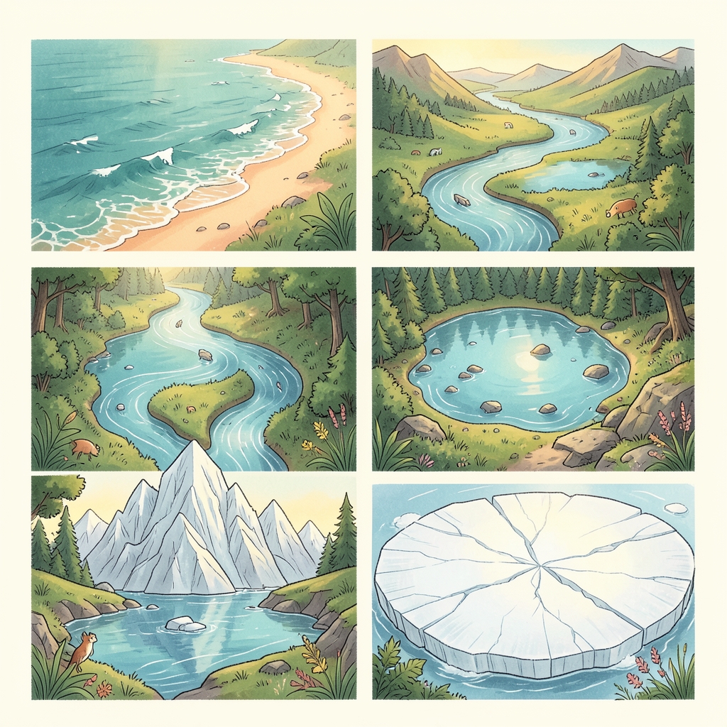 Ocean, river, lake, pond, mountain glacier, and polar ice are shown as different places where water is found on Earth.