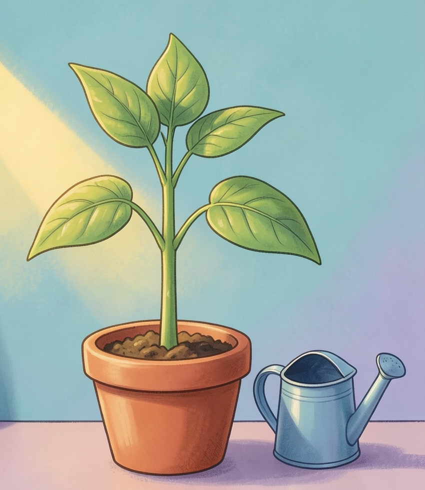 A healthy young classroom plant receiving sunlight with a watering can nearby