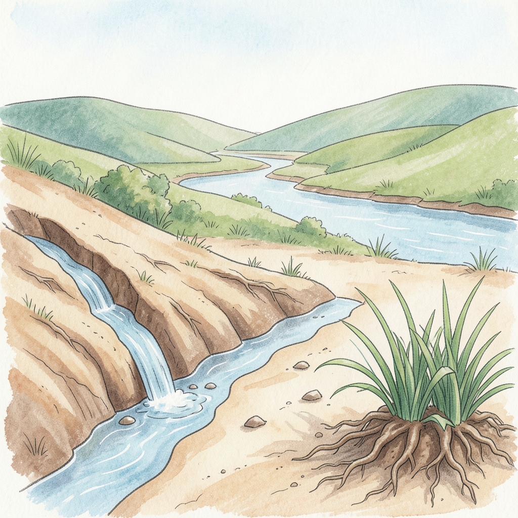 Water carves a channel and moves sediment on one slope while deep grass roots help hold nearby soil.