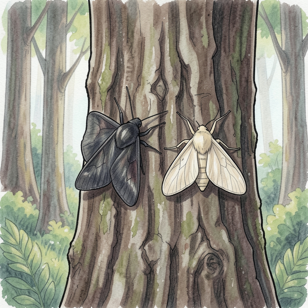 Dark and bright insects shown on dark bark