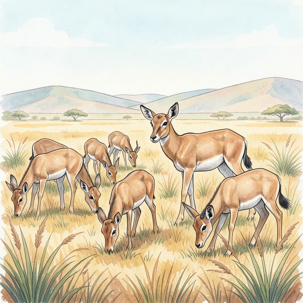 A herd scene with several animals feeding while one member stands upright and watches