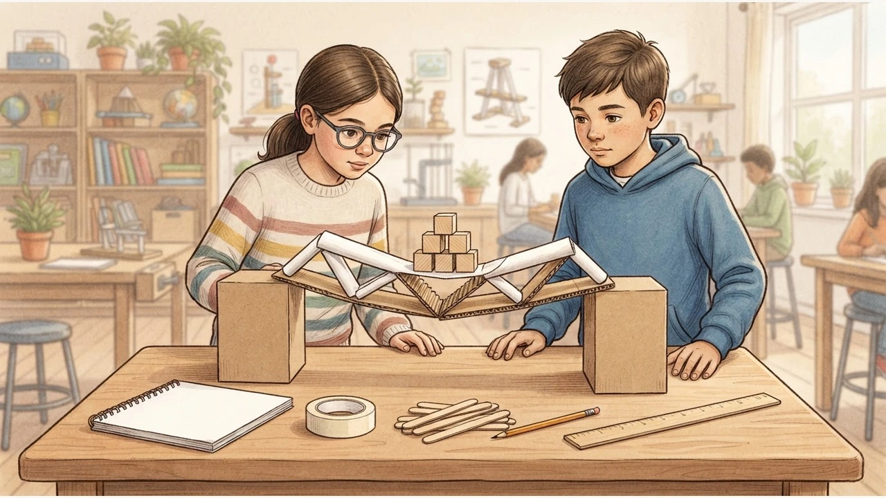 Grade 3 students testing a classroom bridge prototype