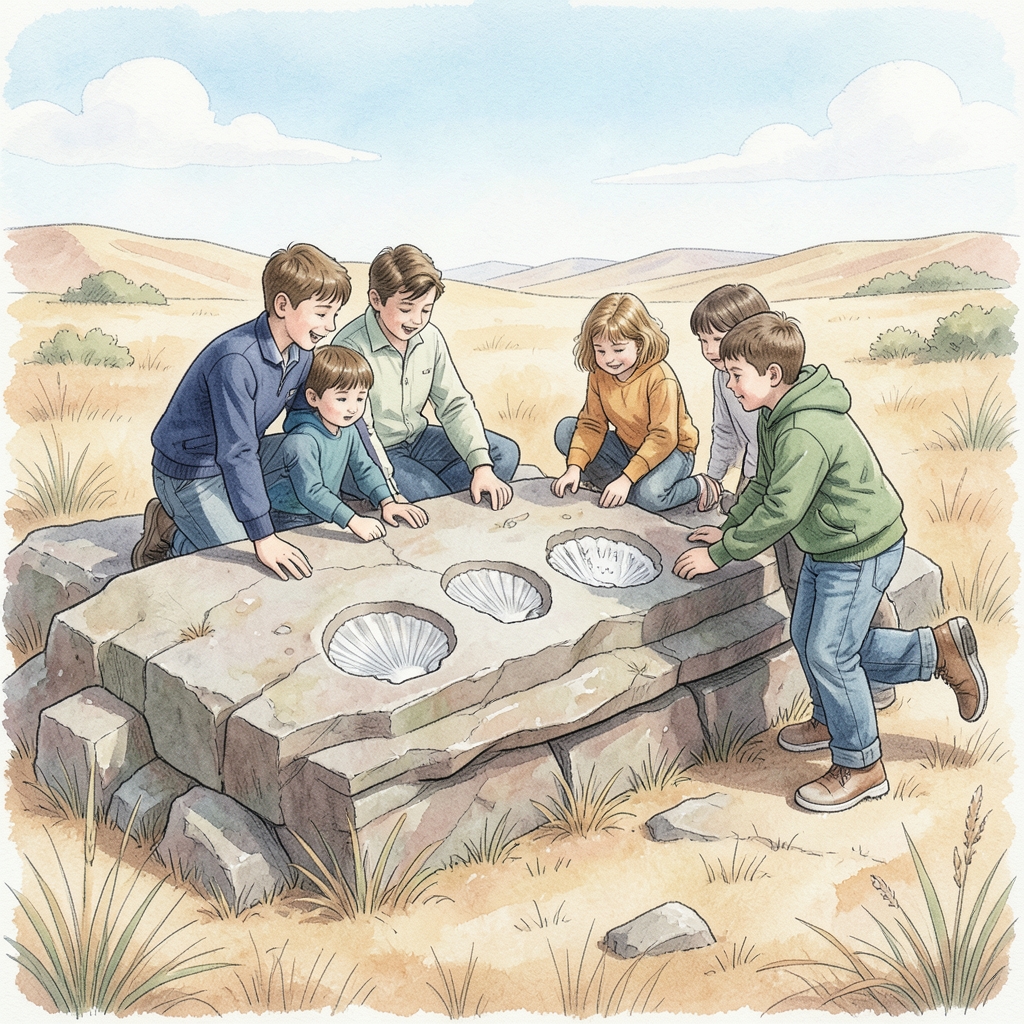 Students examine fossil-bearing rock at a dry inland outcrop