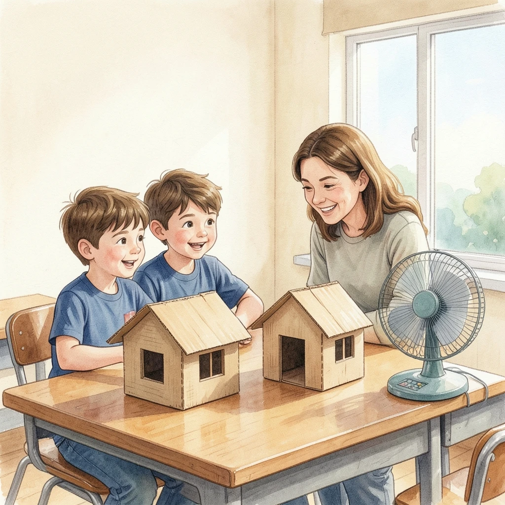 Two schoolchildren examining a paper model shelter while an adult controls a fan