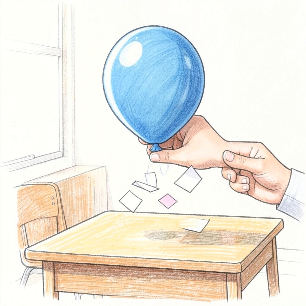 A charged balloon attracts small paper pieces while a visible gap remains