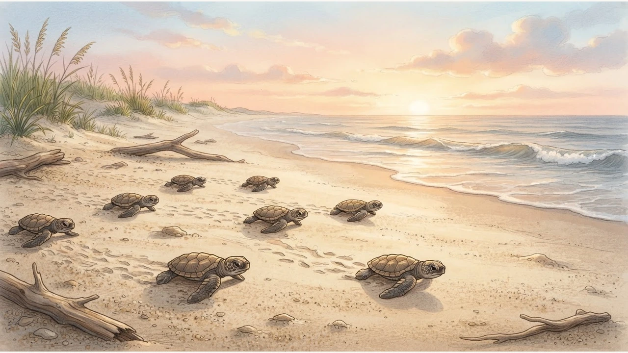 Sea turtle hatchlings on a beach