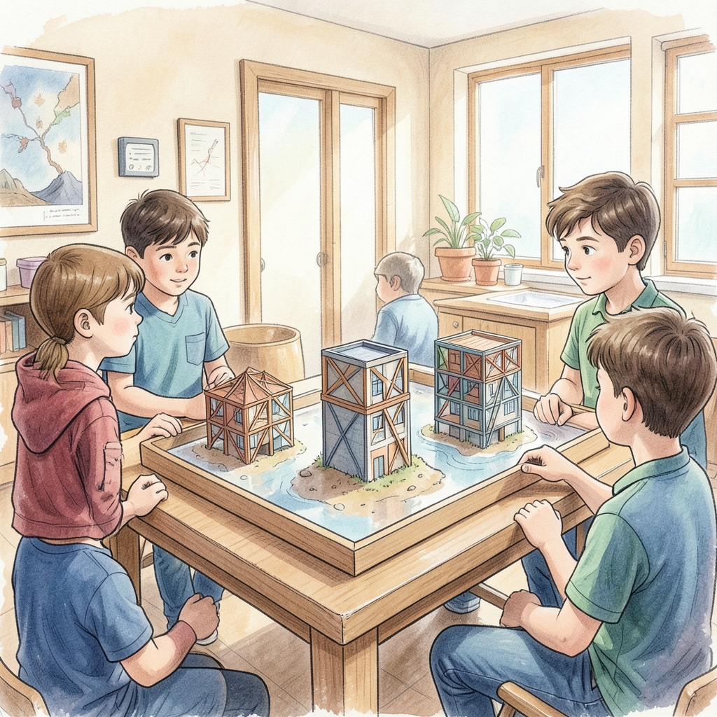 Students compare three earthquake model-building designs on a safe shake-test tray