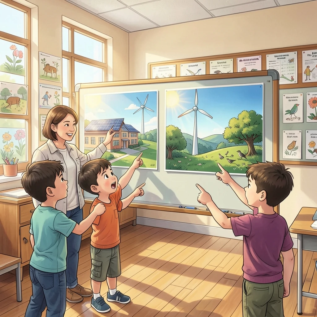 Illustrated clean energy school science scene: hero
