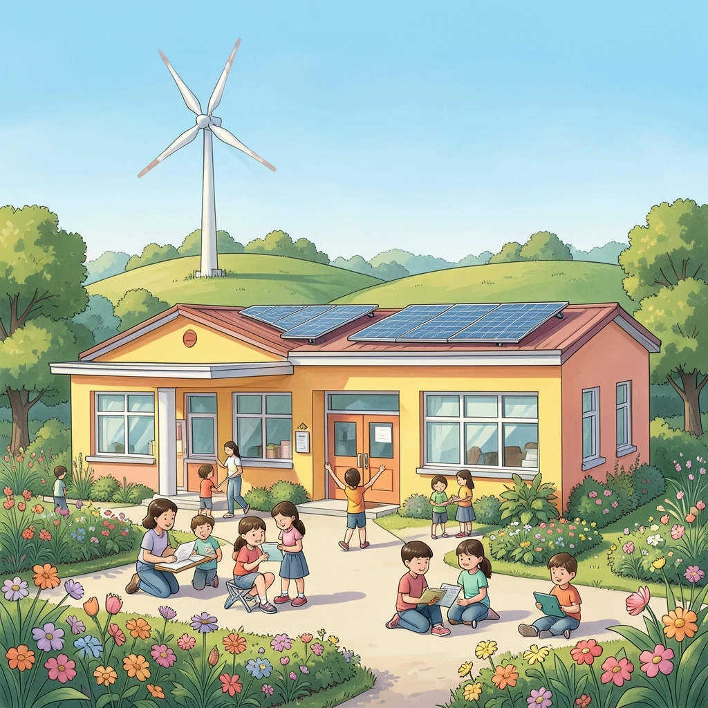 Illustrated school with solar panels and a wind turbine