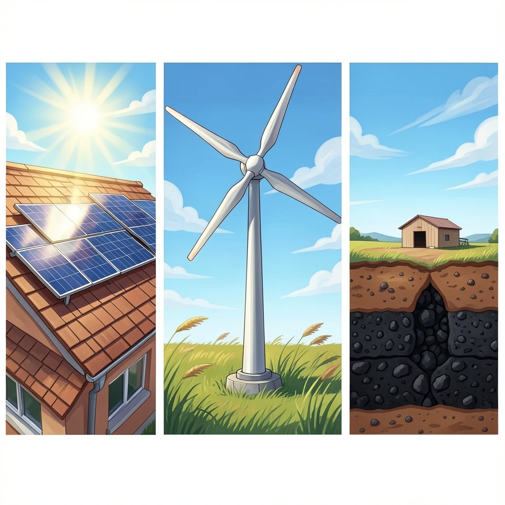 Illustrated clean energy school science scene: sources overview