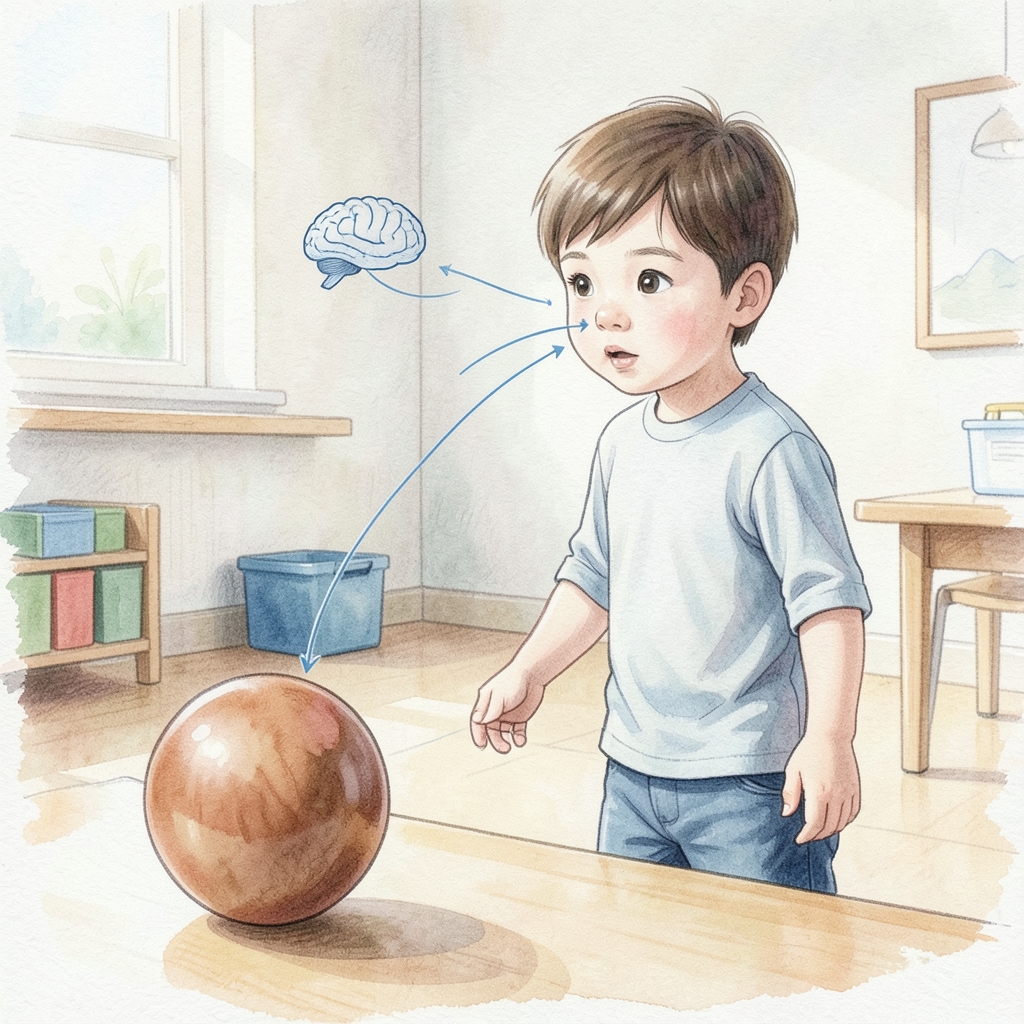 A student sees a rolling ball and responds after processing the visual information