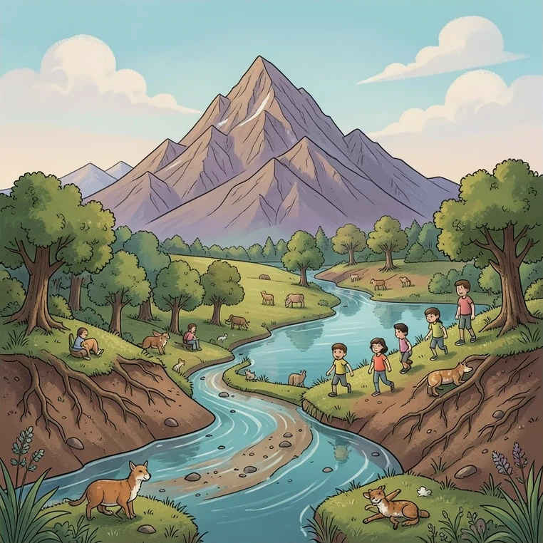 Connected mountain rock, river water, soil, air, trees and wildlife in a watershed