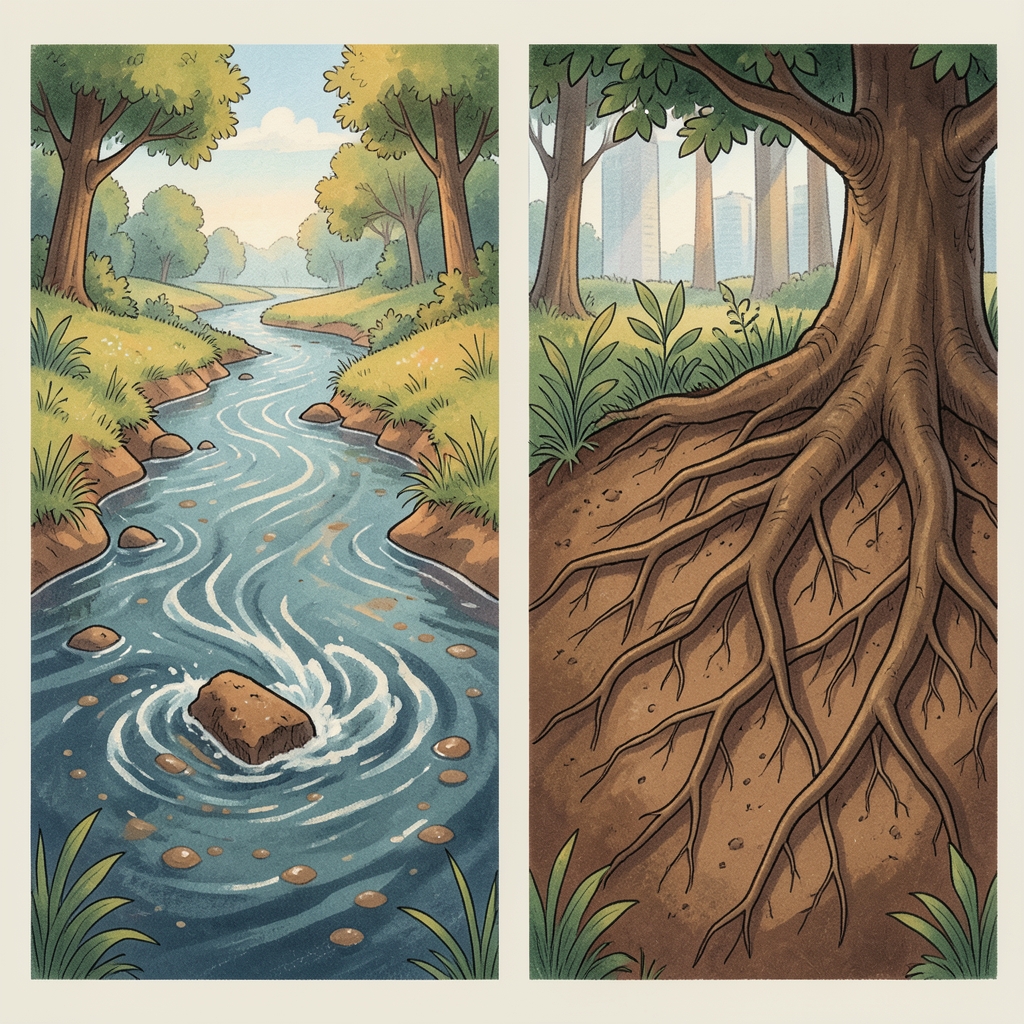 Rocks, water, air and living organisms interacting across one landscape