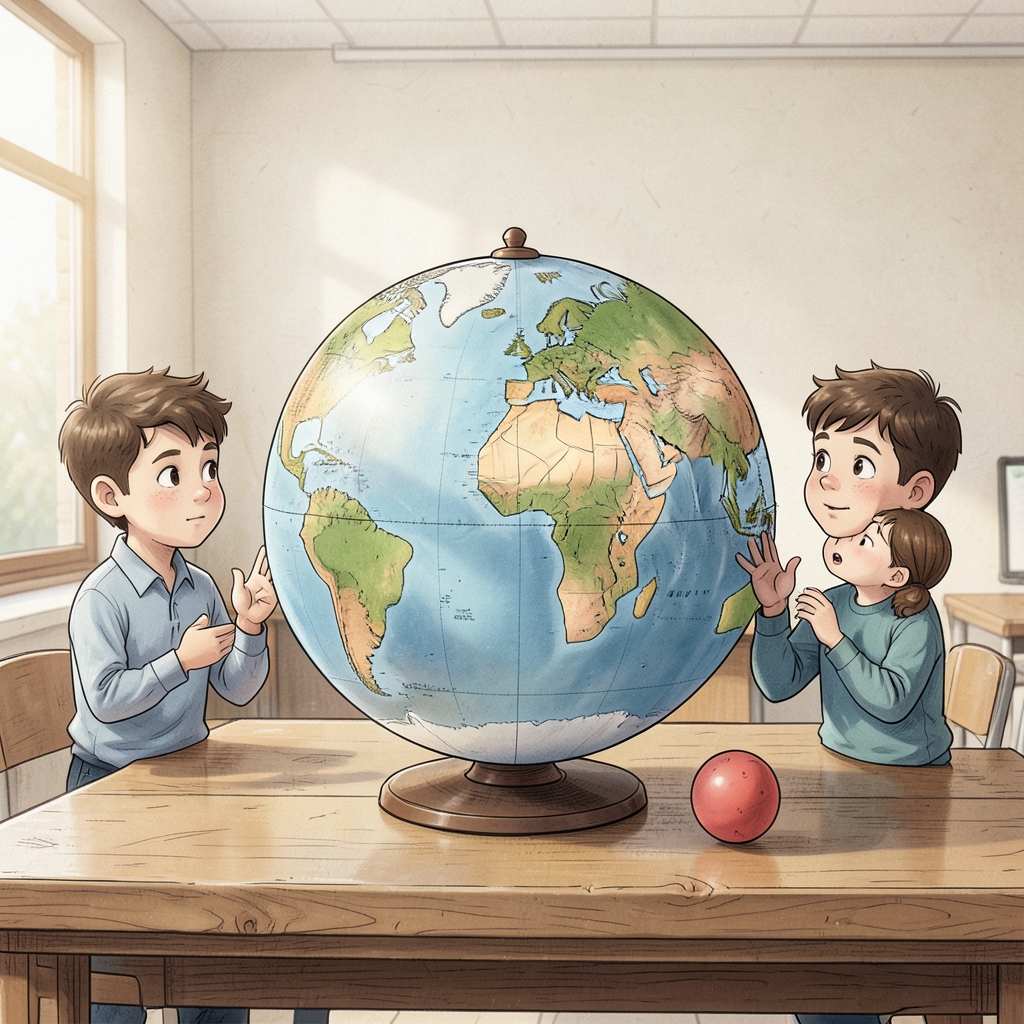 Students using a classroom globe and drop object to investigate local down