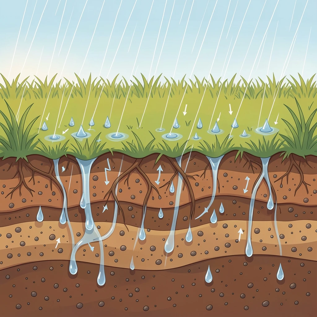 Rainwater entering permeable soil