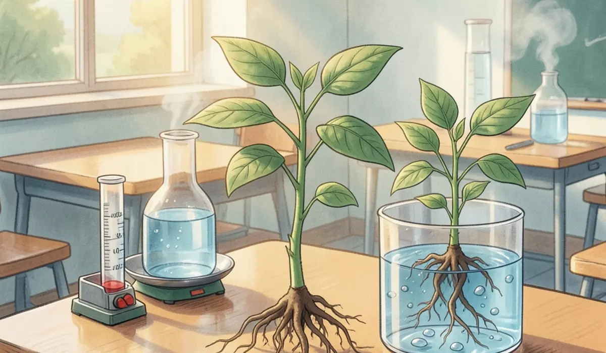 A classroom plant-growth evidence lab with water, measurement tools, and visible roots