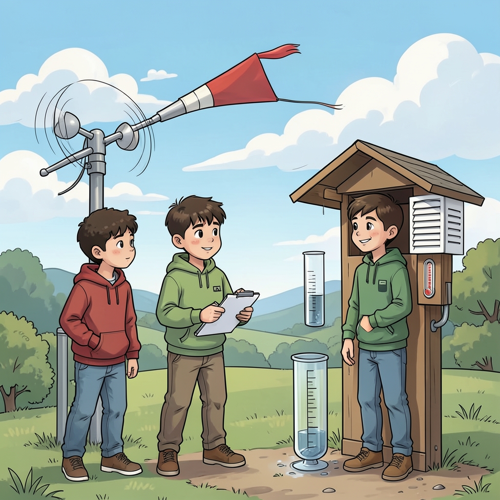 Students analyze a projected weather map alongside temperature pressure humidity and wind measurements
