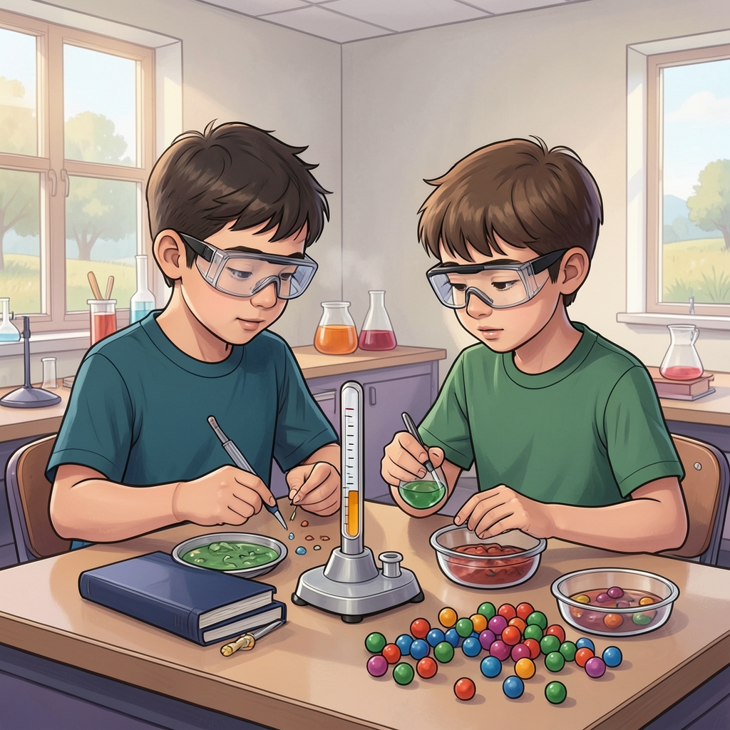 Grade 6 students compare substance-property evidence and particle models in a classroom lab