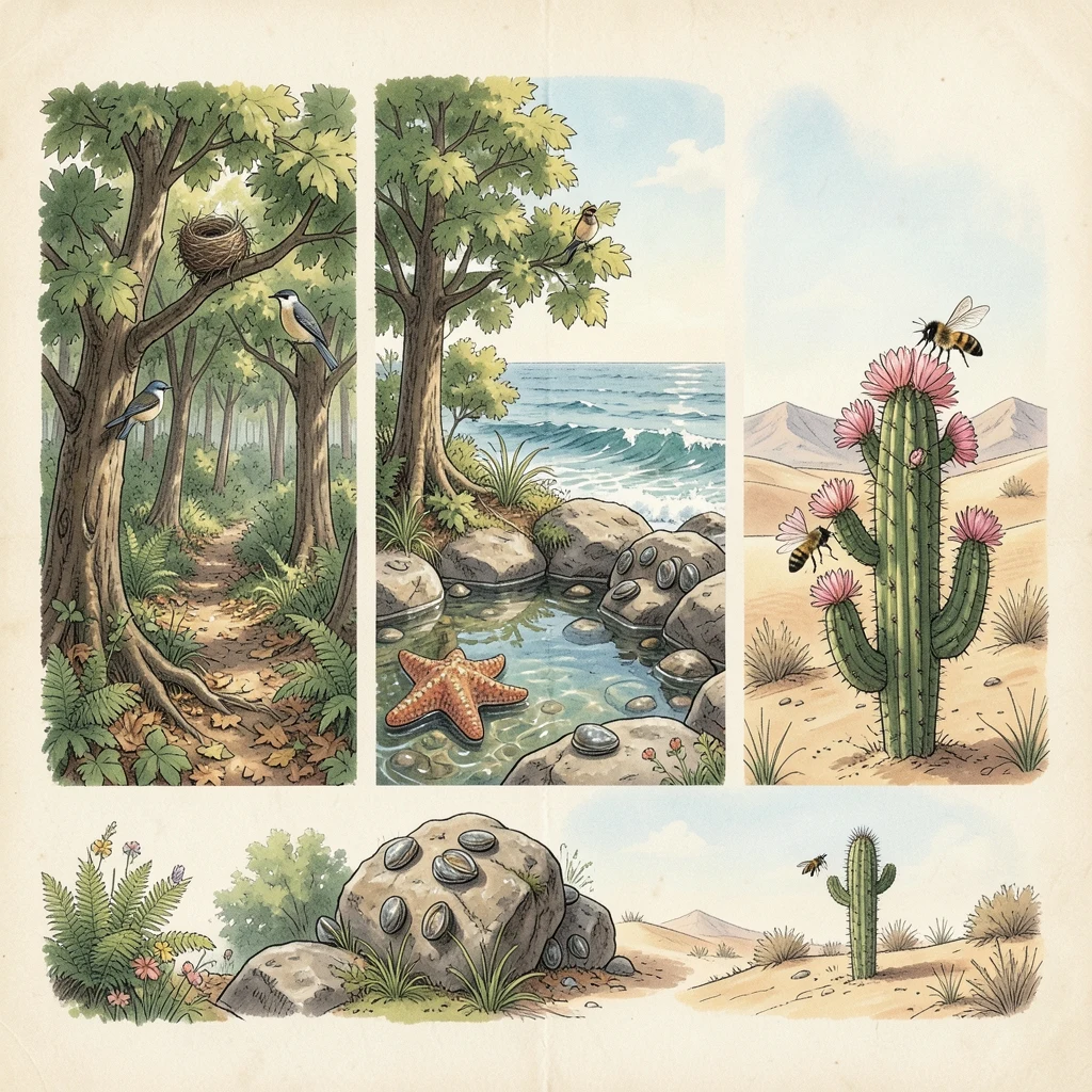 Woodland nesting birds, a tide-pool sea star and desert flowers visited by a bee
