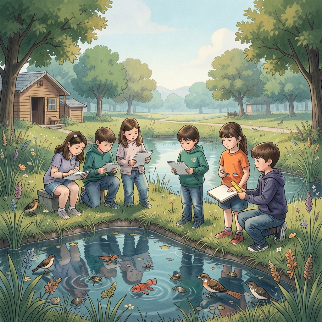 Grade 6 students collect ecosystem resource and population observations beside a pond and meadow