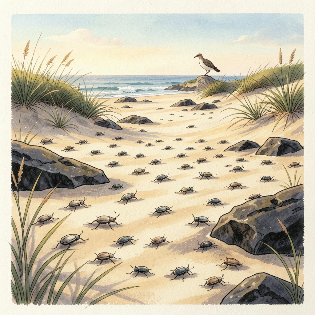 Pale and dark beetles on sandy coastal dunes, with a small bird in the distance