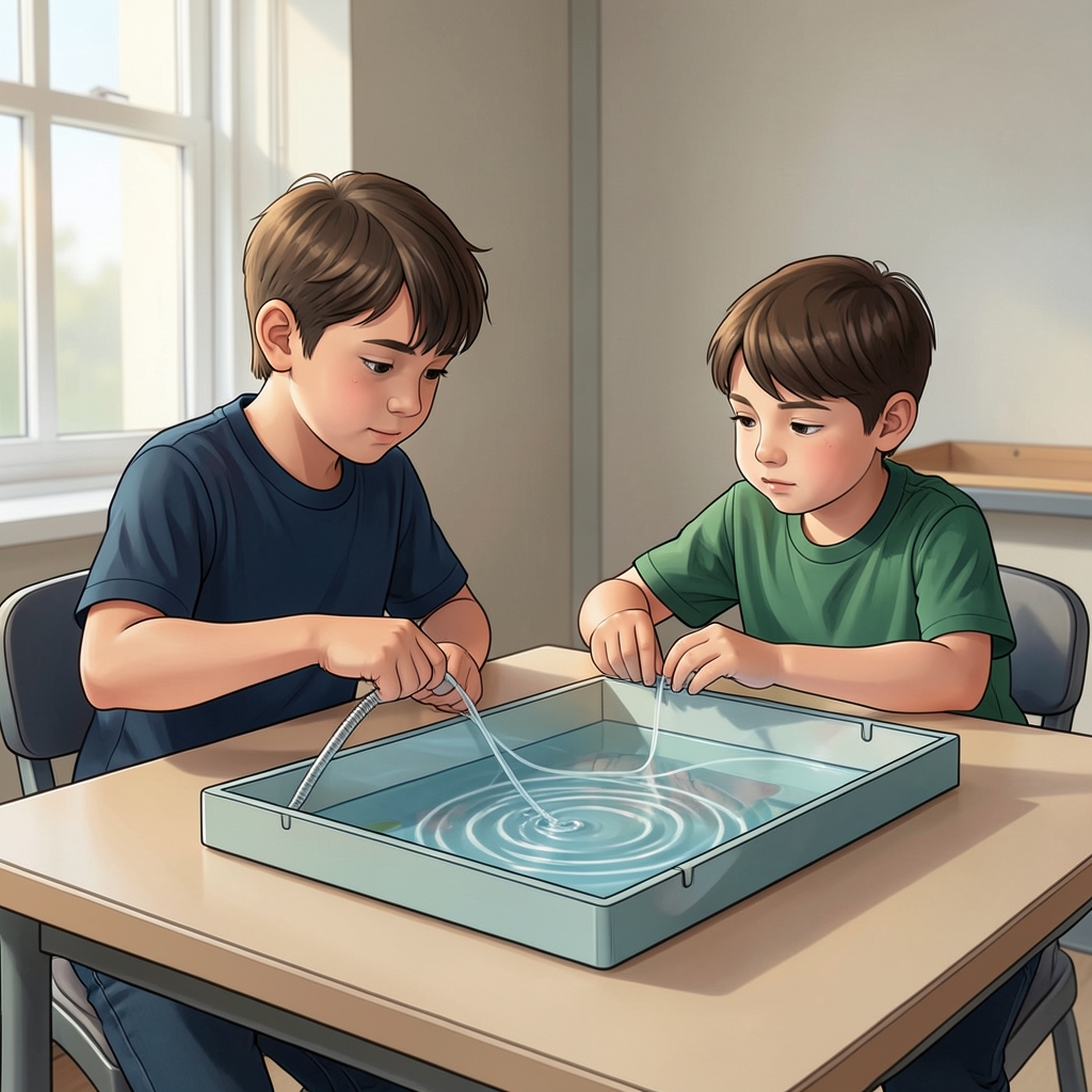 Grade 6 students investigate repeating waves and material boundaries in a science lab